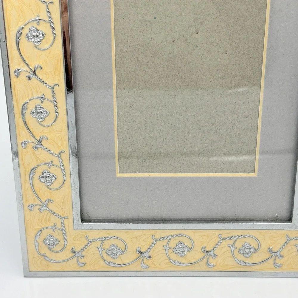 Silver Tone Yellow Enamel Floral Scroll Picture Frame 3x5 5x7 Ornate Cottage